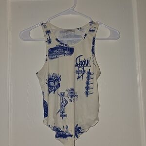 Miaou Cream Bodysuit with Blue Graphic Print